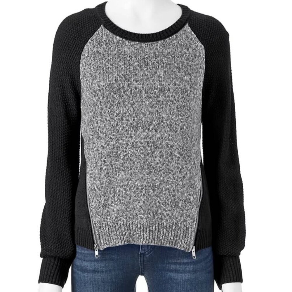 Rewind Double Zip Pullover Long Sleeve Crew Neck Black Gray Sweater - M Juniors